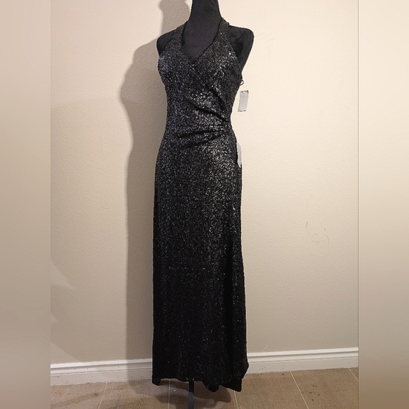 NWT $398 Dress the Population Giselle Sequin Wrap Gown Black - Picture 5 of 14